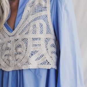 Anniewear Sweet Edge Crochet Vest Tunic Dress Blue Color Three Bird Nest
